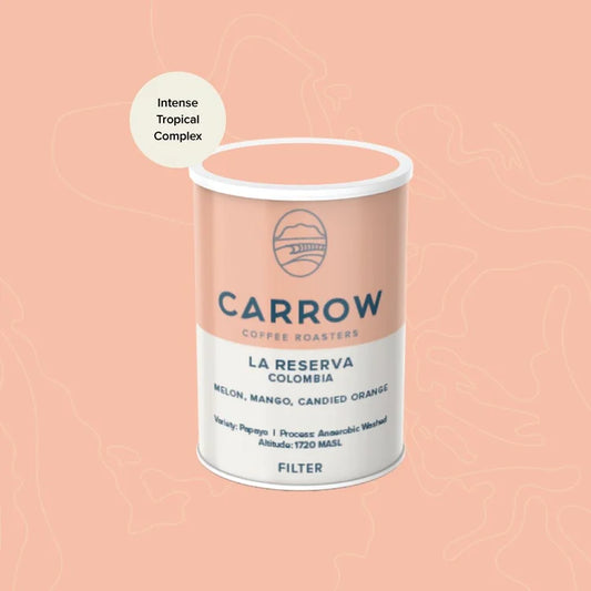 Carrow coffee canister on a peach background