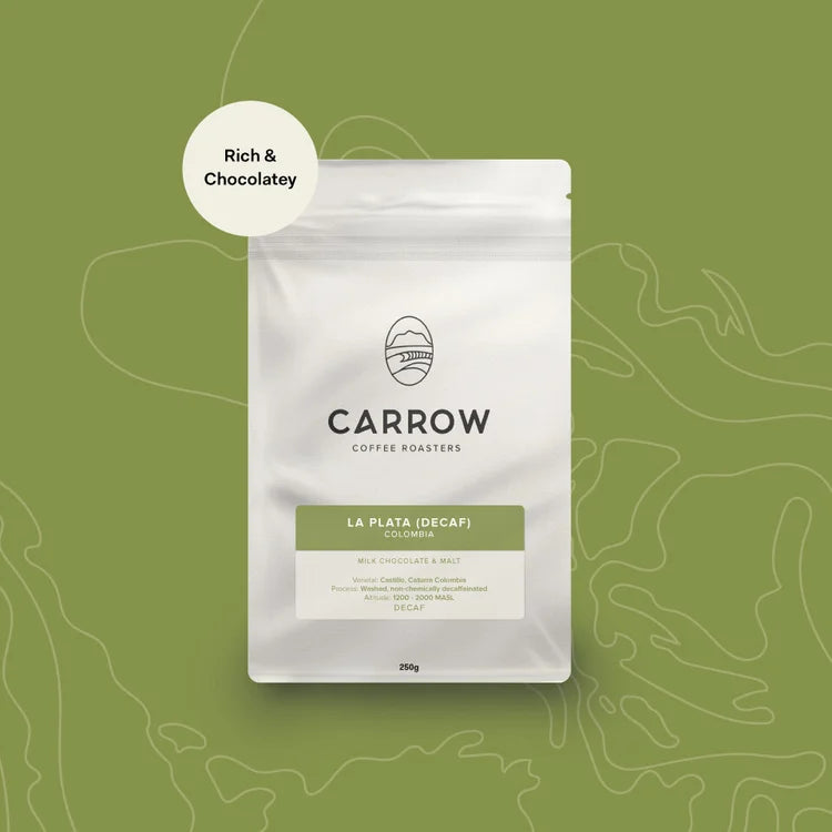 Carrow Coffee La Plata Decaf on a green background