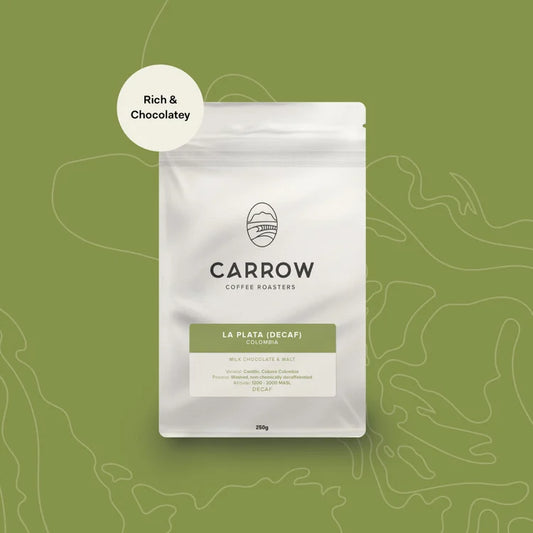 Carrow Coffee La Plata Decaf on a green background